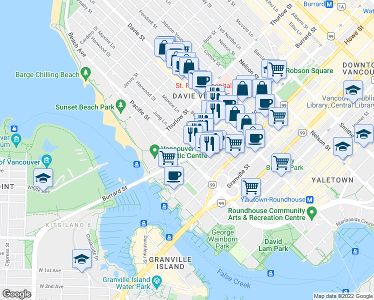 map of restaurants, bars, coffee shops, grocery stores, and more near 1346 Burrard Street in Vancouver