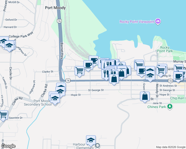 map of restaurants, bars, coffee shops, grocery stores, and more near 2306 Spring Street in Port Moody