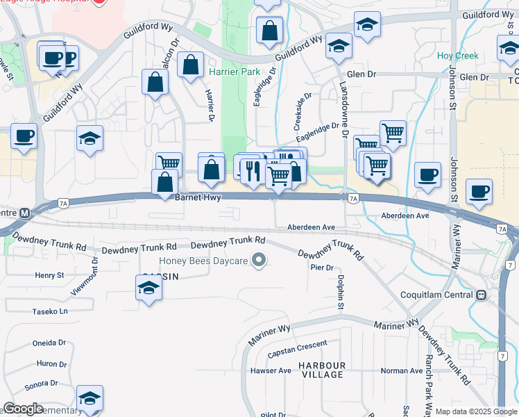 map of restaurants, bars, coffee shops, grocery stores, and more near 105-2635 Barnet Highway in Coquitlam