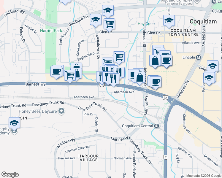 map of restaurants, bars, coffee shops, grocery stores, and more near 2764 Barnet Highway in Coquitlam
