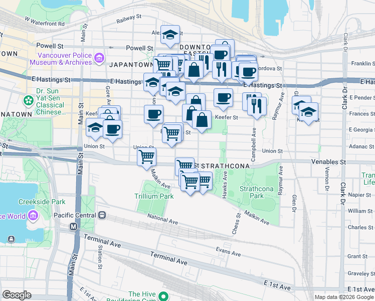 map of restaurants, bars, coffee shops, grocery stores, and more near 650 Union Street in Vancouver