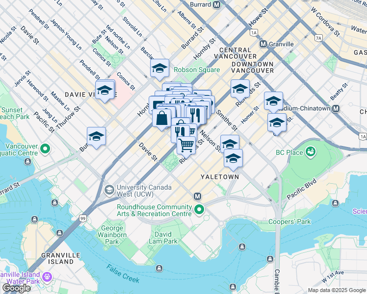map of restaurants, bars, coffee shops, grocery stores, and more near 555 Helmcken Street in Vancouver