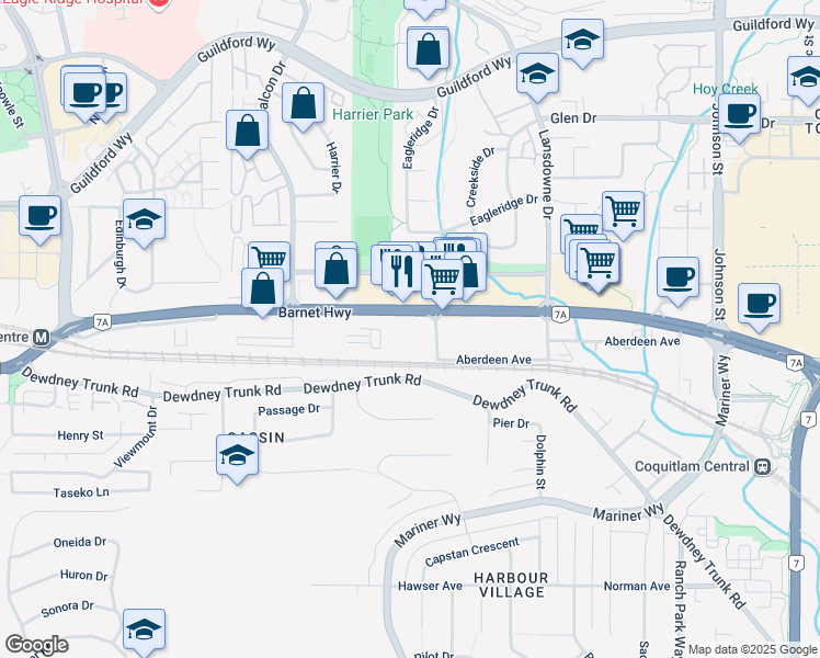 map of restaurants, bars, coffee shops, grocery stores, and more near 105-2635 Barnet Highway in Coquitlam