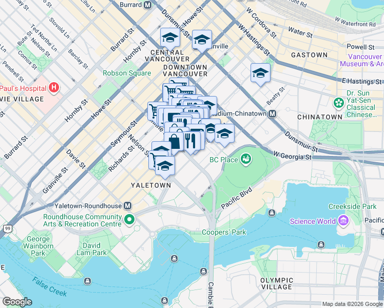 map of restaurants, bars, coffee shops, grocery stores, and more near in Vancouver