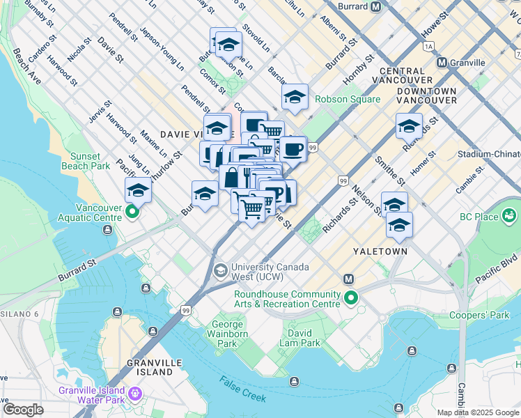 map of restaurants, bars, coffee shops, grocery stores, and more near in Vancouver