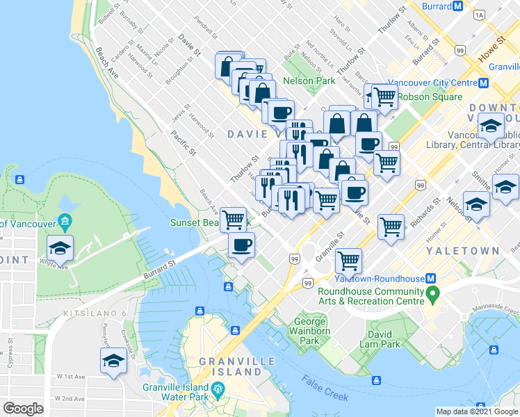 map of restaurants, bars, coffee shops, grocery stores, and more near 1020 Harwood Street in Vancouver