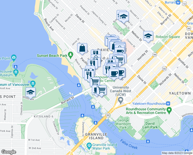 map of restaurants, bars, coffee shops, grocery stores, and more near in Vancouver