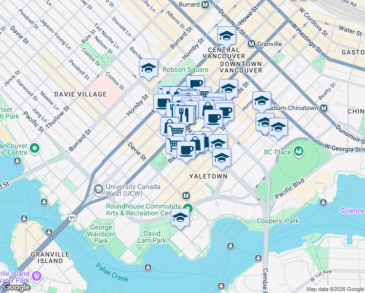 map of restaurants, bars, coffee shops, grocery stores, and more near 1061 Richards Street in Vancouver