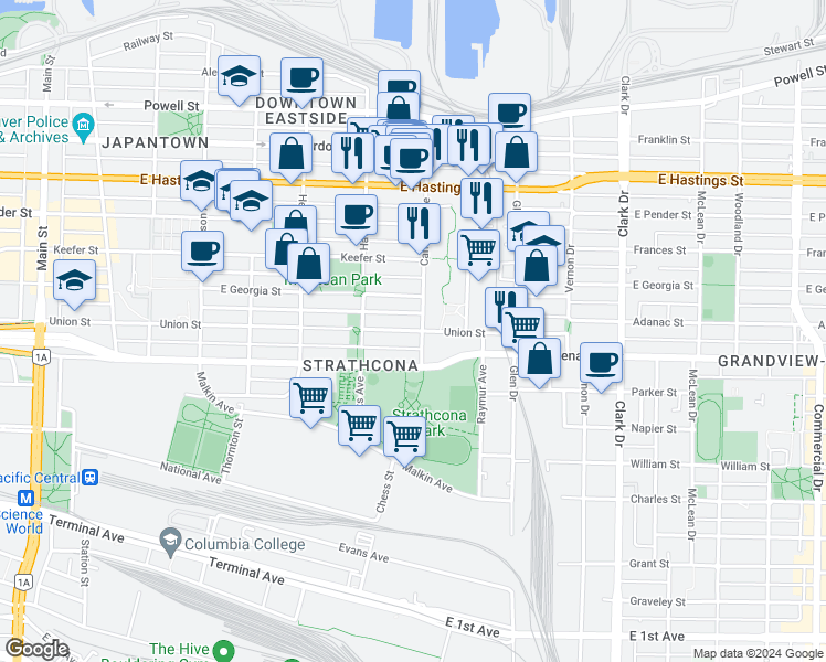 map of restaurants, bars, coffee shops, grocery stores, and more near 888 Union Street in Vancouver