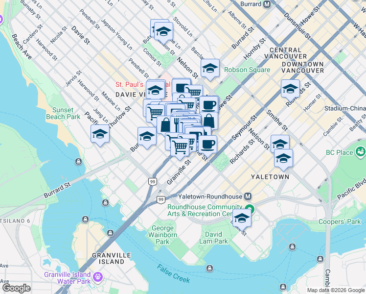 map of restaurants, bars, coffee shops, grocery stores, and more near 1212 Howe Street in Vancouver