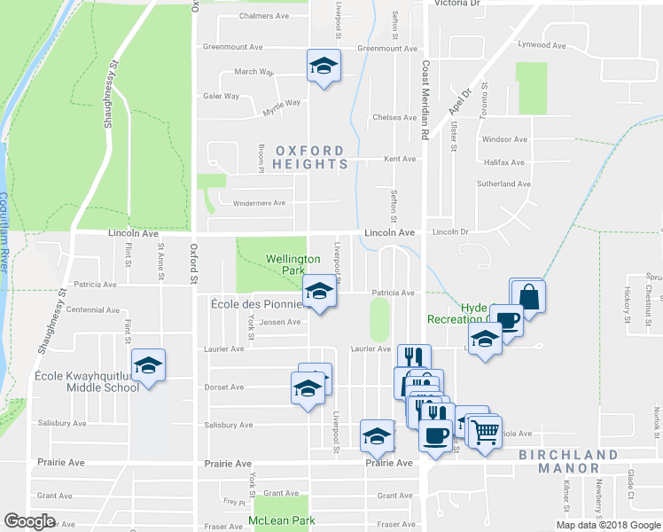 map of restaurants, bars, coffee shops, grocery stores, and more near 3645 Liverpool Street in Port Coquitlam