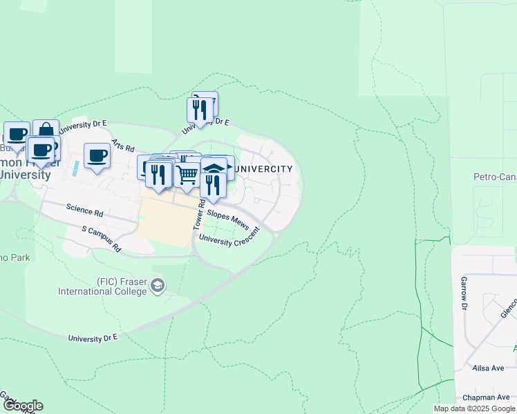 map of restaurants, bars, coffee shops, grocery stores, and more near 9339 University Crescent in Burnaby