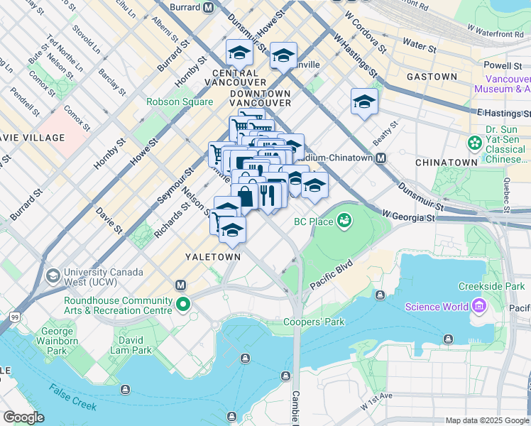 map of restaurants, bars, coffee shops, grocery stores, and more near 225 Smithe Street in Vancouver