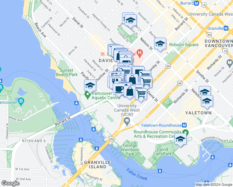 map of restaurants, bars, coffee shops, grocery stores, and more near 1330 Burrard Street in Vancouver