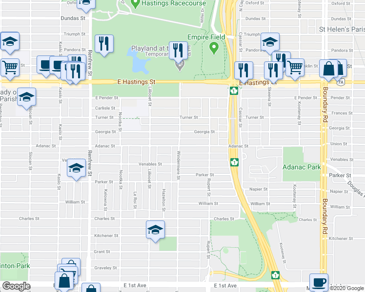 map of restaurants, bars, coffee shops, grocery stores, and more near 3206 Adanac Street in Vancouver