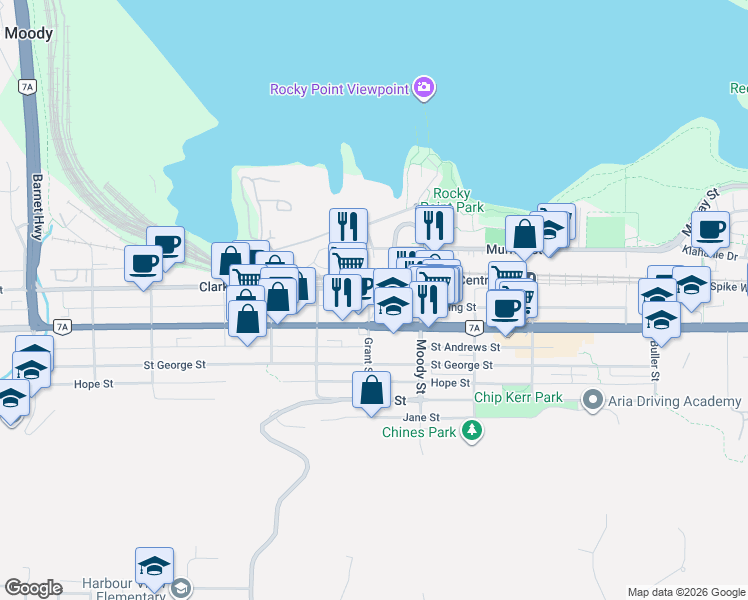 map of restaurants, bars, coffee shops, grocery stores, and more near 2710 Clarke Street in Port Moody