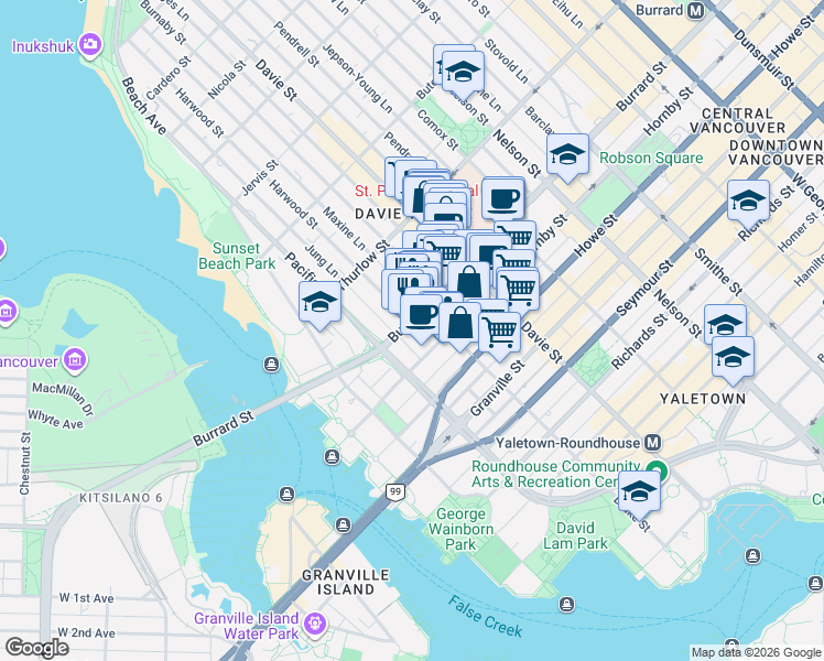 map of restaurants, bars, coffee shops, grocery stores, and more near 1330 Burrard Street in Vancouver