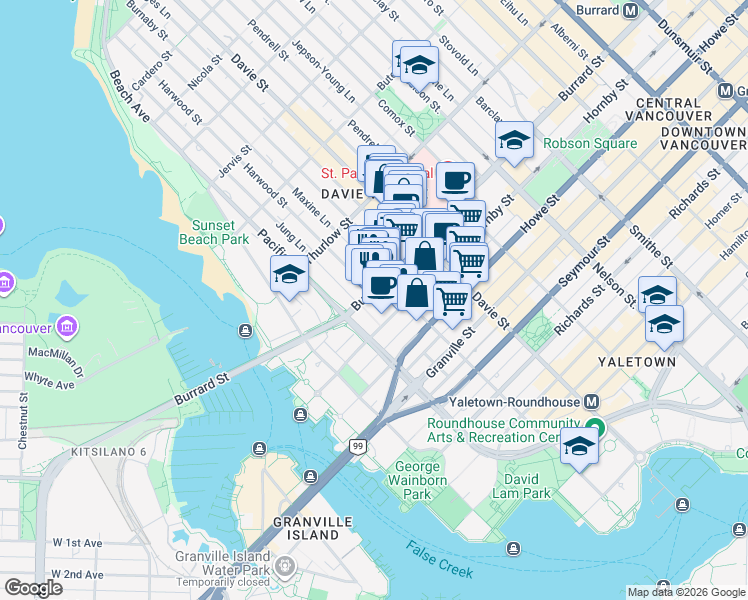 map of restaurants, bars, coffee shops, grocery stores, and more near in Vancouver