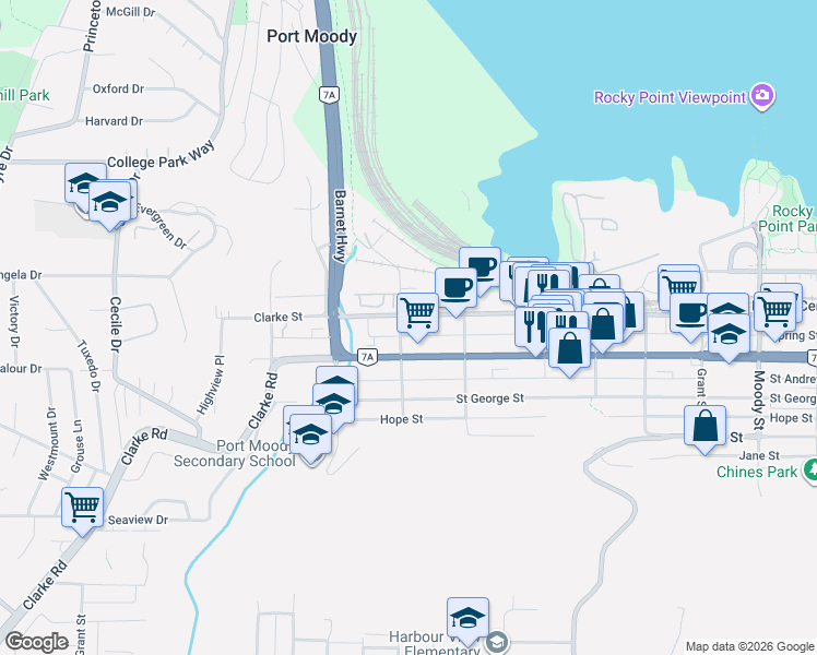 map of restaurants, bars, coffee shops, grocery stores, and more near 84 Douglas Street in Port Moody