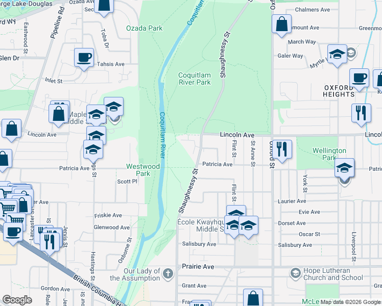 map of restaurants, bars, coffee shops, grocery stores, and more near 3655 Shaughnessy Street in Port Coquitlam