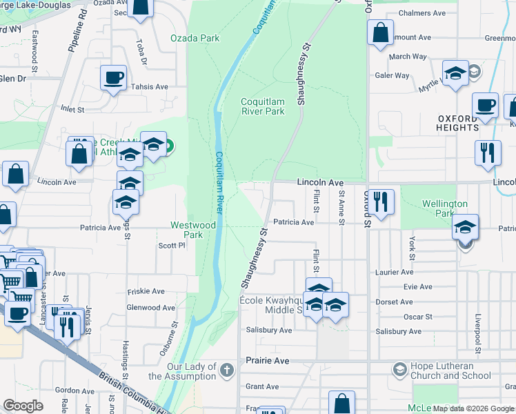 map of restaurants, bars, coffee shops, grocery stores, and more near 3655 Shaughnessy Street in Port Coquitlam