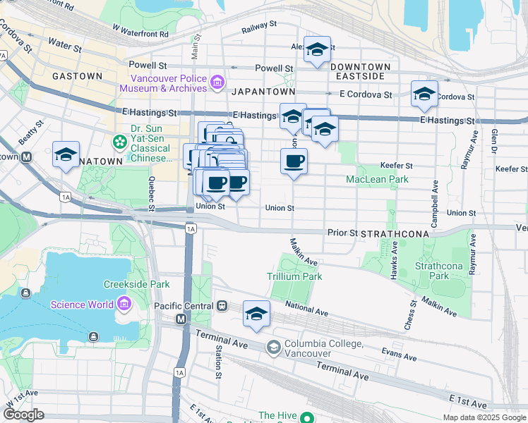 map of restaurants, bars, coffee shops, grocery stores, and more near in Vancouver