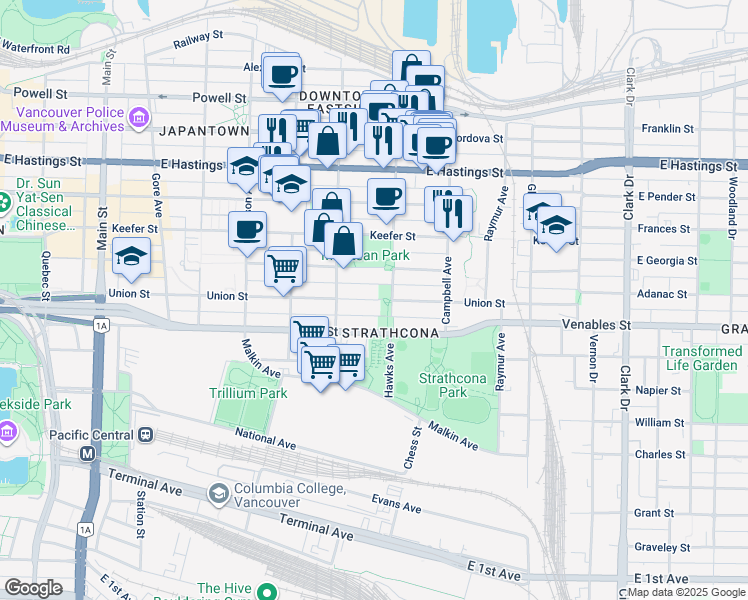 map of restaurants, bars, coffee shops, grocery stores, and more near 772 Union Street in Vancouver