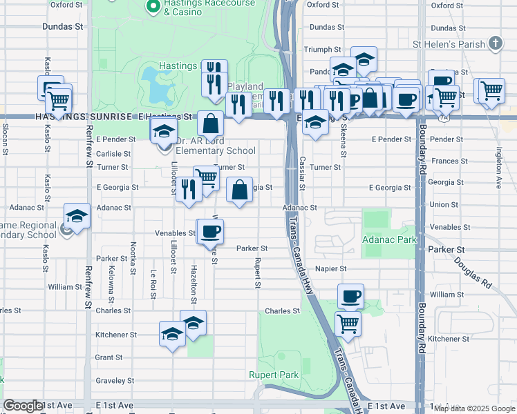 map of restaurants, bars, coffee shops, grocery stores, and more near Rupert St & Adanac St in Vancouver