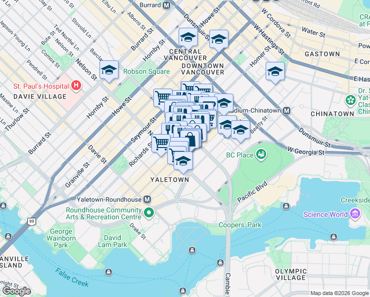 map of restaurants, bars, coffee shops, grocery stores, and more near 977 Mainland Street in Vancouver