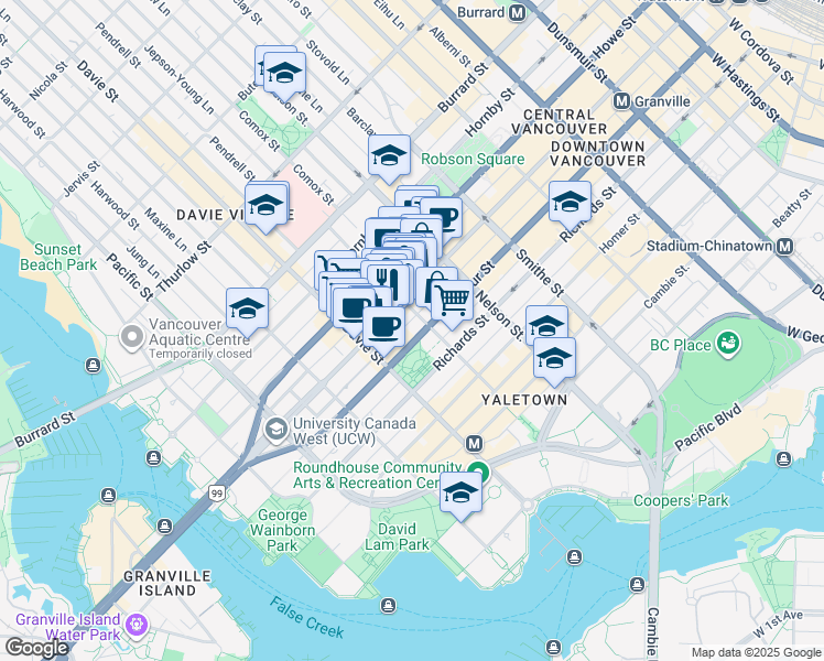 map of restaurants, bars, coffee shops, grocery stores, and more near 1111 Seymour Street in Vancouver