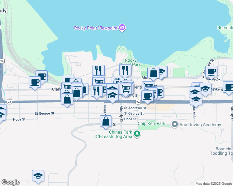 map of restaurants, bars, coffee shops, grocery stores, and more near 83 Moody Street in Port Moody