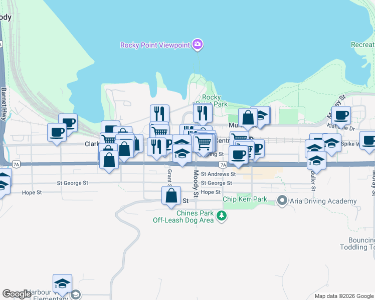 map of restaurants, bars, coffee shops, grocery stores, and more near 2726 Spring Street in Port Moody