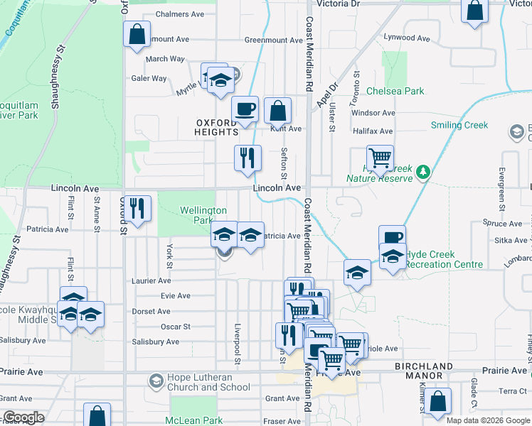 map of restaurants, bars, coffee shops, grocery stores, and more near 3648 Vincent Street in Port Coquitlam