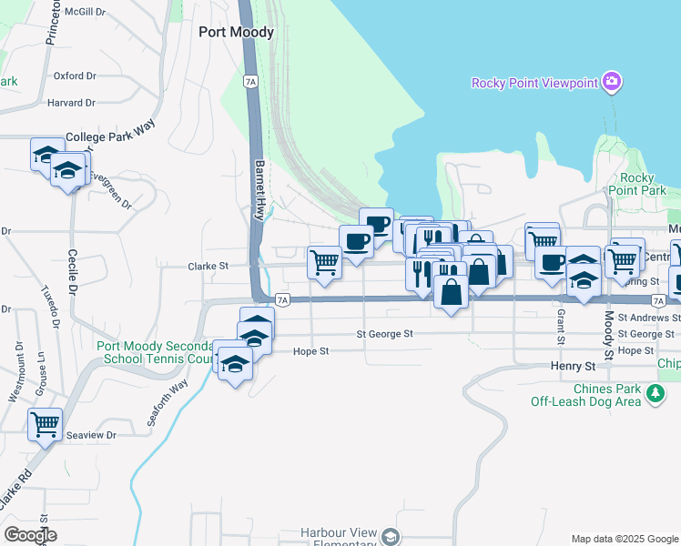 map of restaurants, bars, coffee shops, grocery stores, and more near 2221 Clarke Street in Port Moody