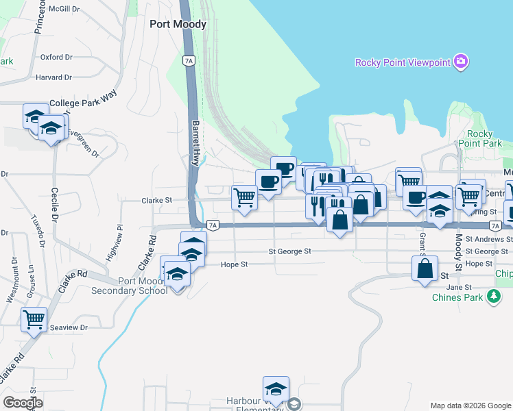 map of restaurants, bars, coffee shops, grocery stores, and more near 2221 Clarke Street in Port Moody