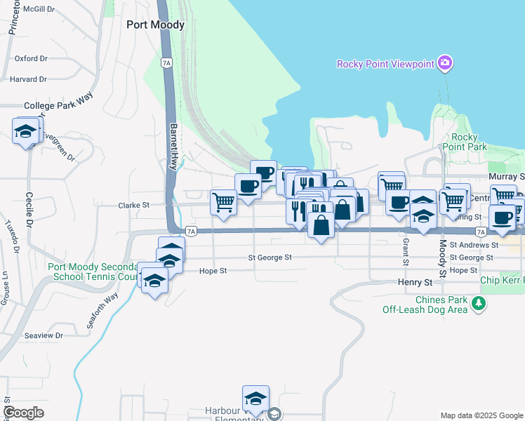 map of restaurants, bars, coffee shops, grocery stores, and more near 80 Elgin Street in Port Moody