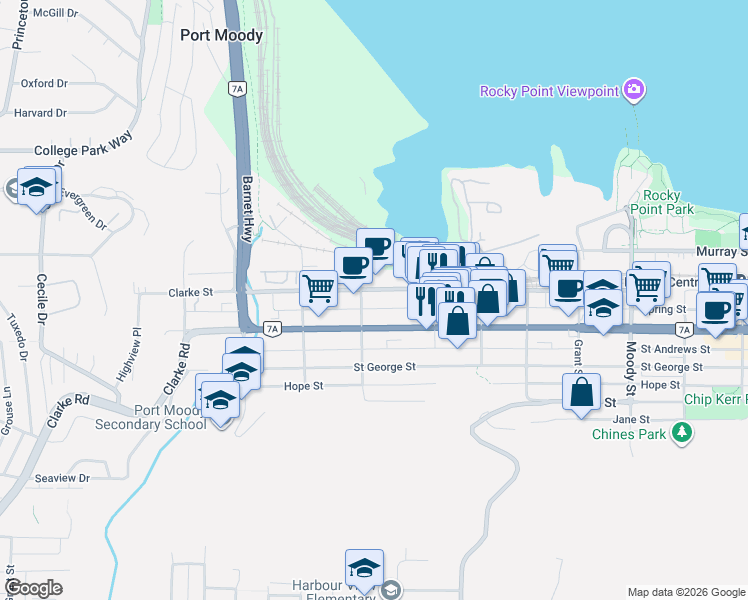 map of restaurants, bars, coffee shops, grocery stores, and more near 80 Elgin Street in Port Moody
