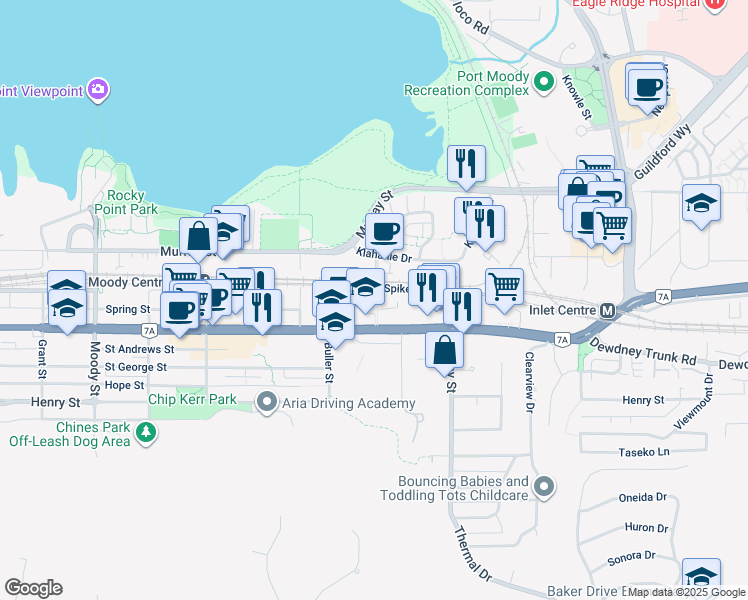 map of restaurants, bars, coffee shops, grocery stores, and more near in Port Moody