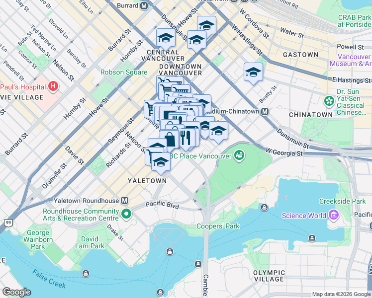 map of restaurants, bars, coffee shops, grocery stores, and more near 885 Cambie Street in Vancouver
