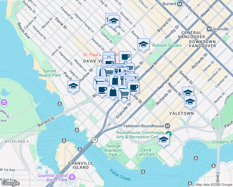 map of restaurants, bars, coffee shops, grocery stores, and more near 1233 Hornby Street in Vancouver