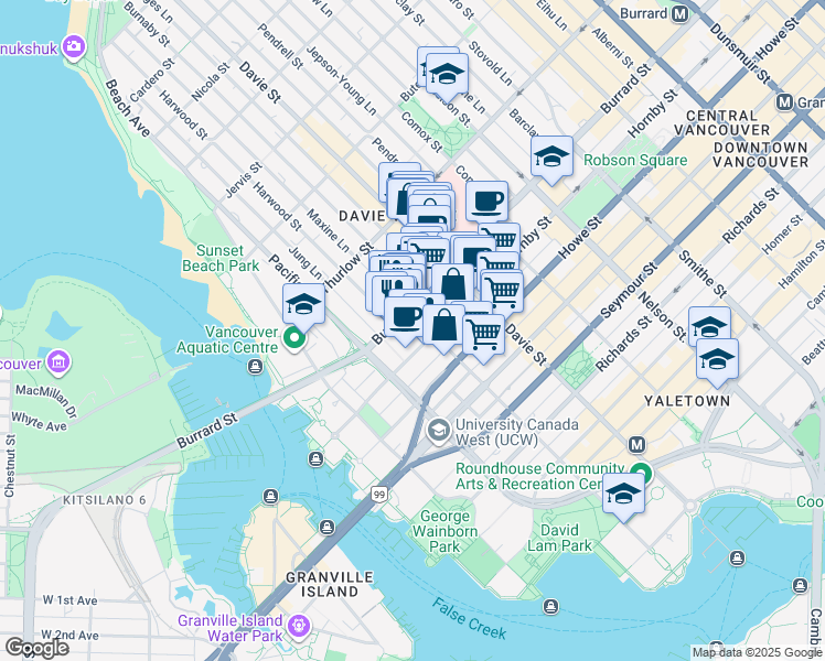 map of restaurants, bars, coffee shops, grocery stores, and more near in Vancouver
