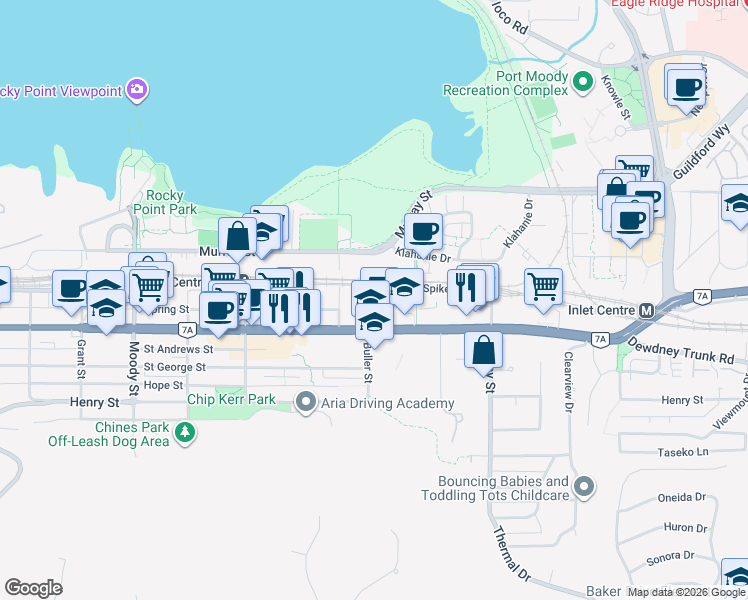 map of restaurants, bars, coffee shops, grocery stores, and more near 3136 Saint Johns Street in Port Moody