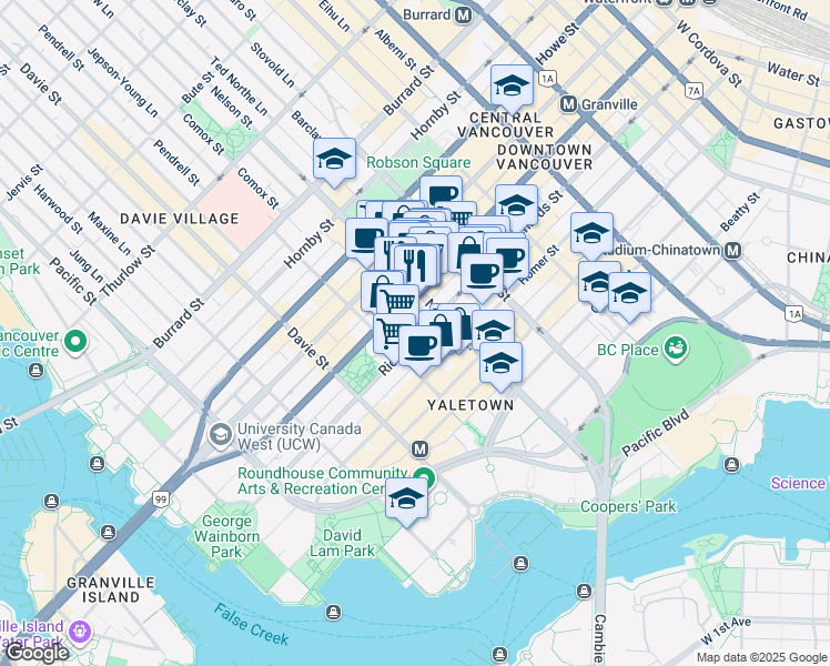 map of restaurants, bars, coffee shops, grocery stores, and more near 1055 Richards Street in Vancouver
