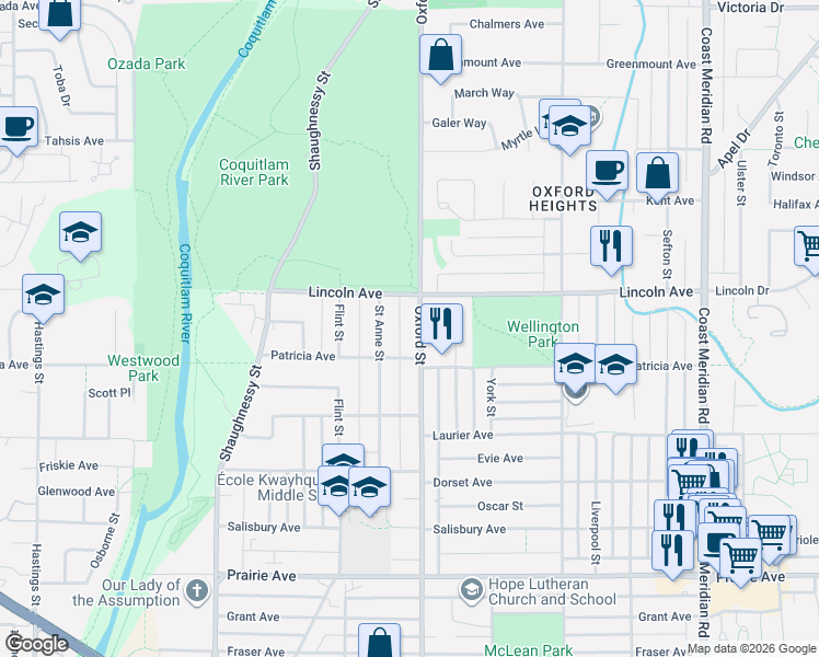 map of restaurants, bars, coffee shops, grocery stores, and more near 3657 Oxford Street in Port Coquitlam