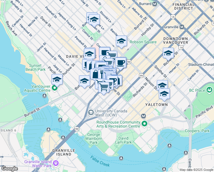 map of restaurants, bars, coffee shops, grocery stores, and more near 1212 Howe Street in Vancouver