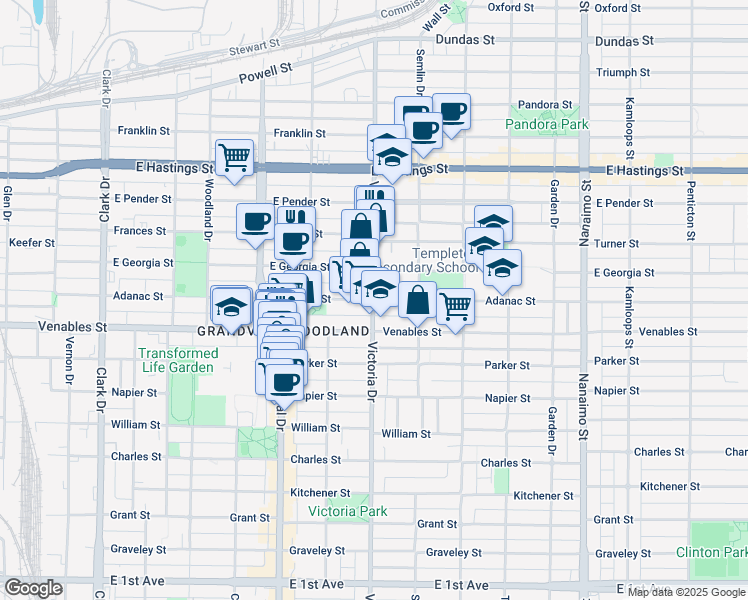 map of restaurants, bars, coffee shops, grocery stores, and more near Victoria Drive & Adanac Street in Vancouver