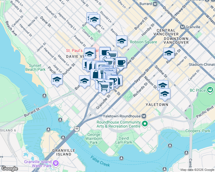 map of restaurants, bars, coffee shops, grocery stores, and more near 1212 Howe Street in Vancouver