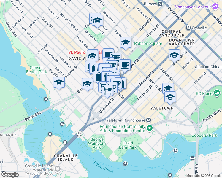 map of restaurants, bars, coffee shops, grocery stores, and more near 1212 Howe Street in Vancouver