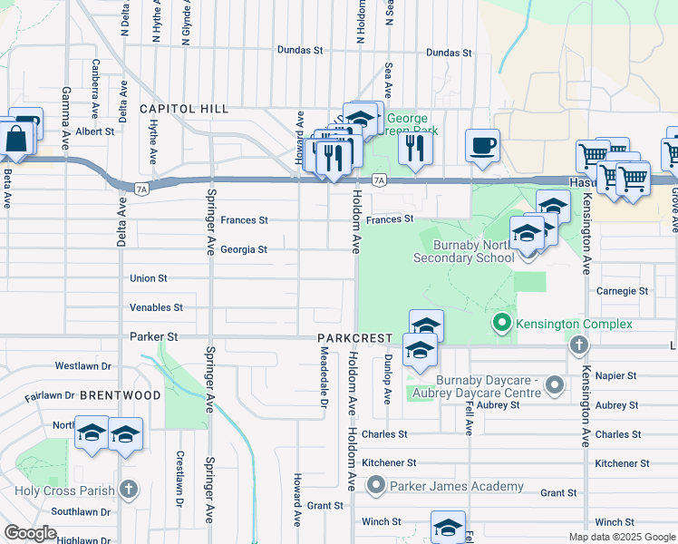 map of restaurants, bars, coffee shops, grocery stores, and more near 5617 Union Street in Burnaby