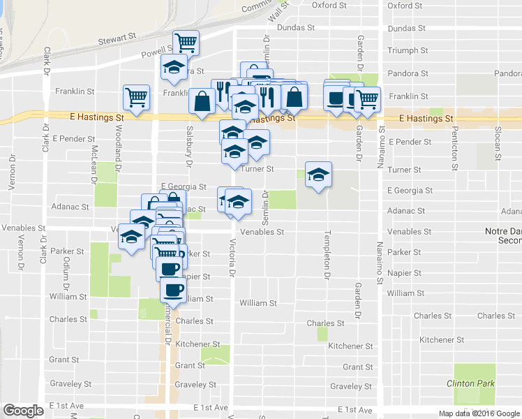 map of restaurants, bars, coffee shops, grocery stores, and more near 1970 Adanac St in Vancouver